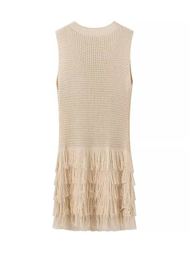 Aiertu  -  Apricot Hollow Out Knitted Tassel Mini Dress Women Sexy O Neck Sleeveless Slim Short Robe Female Fashion Causal Vacation Vestido Aiertu