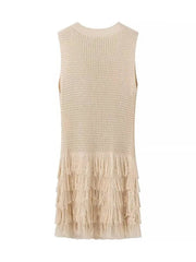 Aiertu  -  Apricot Hollow Out Knitted Tassel Mini Dress Women Sexy O Neck Sleeveless Slim Short Robe Female Fashion Causal Vacation Vestido Aiertu