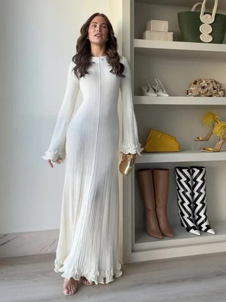 Aiertu  -  Fashion Flared Sleeves Lace Hem Maxi Dress Lady Elegant Solid Back Lace Up Long Dress Female Casual Streetwear Club Party Robes Aiertu