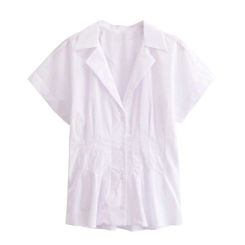 Aiertu  -  Fashion Women's Waist-Closed Shirts Solid Lapel Short Sleeve Button Pleated Lady Shirts 2025 Spring Summer Elegant Female Top Aiertu