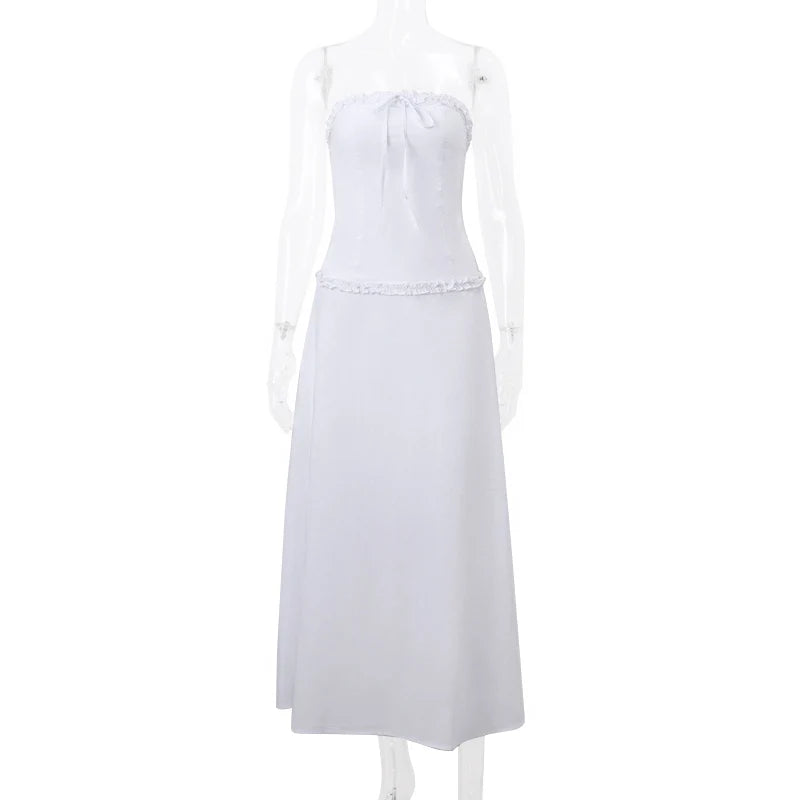 Aiertu  Elegant Strapless Lace Ruffles Off Shoulder Tank Top With White Long Skirt Aesthetic Gentle Slim Women 2 Piece Set Aiertu