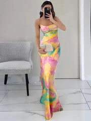 Aiertu  -  Tie dye Cowl Neck Summer Dress Women Open Back Strappy Sleeveless Maxi Long Ombre One-piece Summer Holiday Beachwear Aiertu