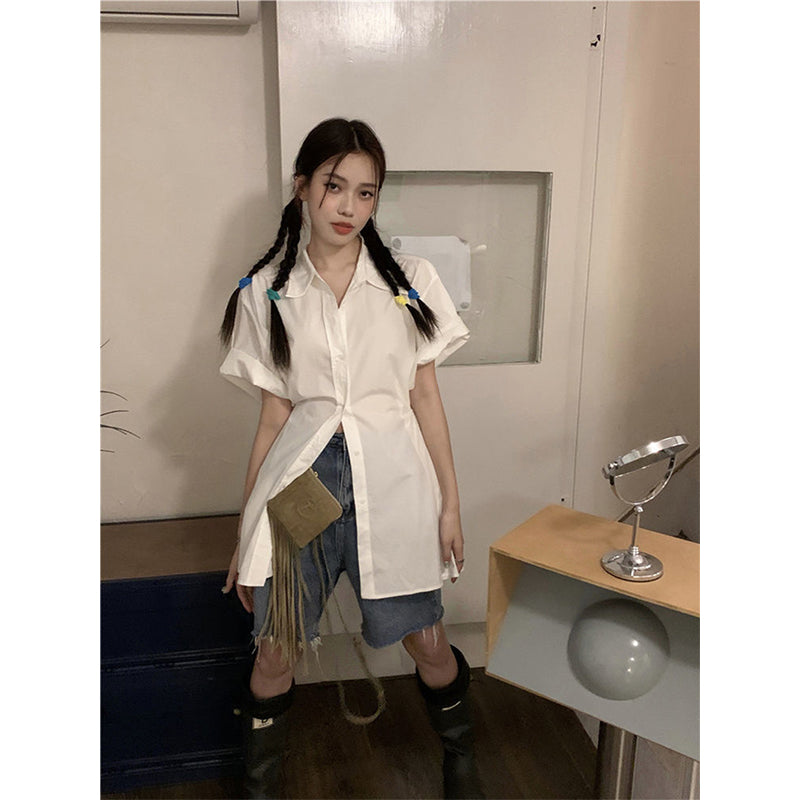 Aiertu Streetwear White Shirts Women Harajuku Folds Short Sleeve Blouses Summer Preppy Korean Fashion Design All Match Chic Tops Aiertu