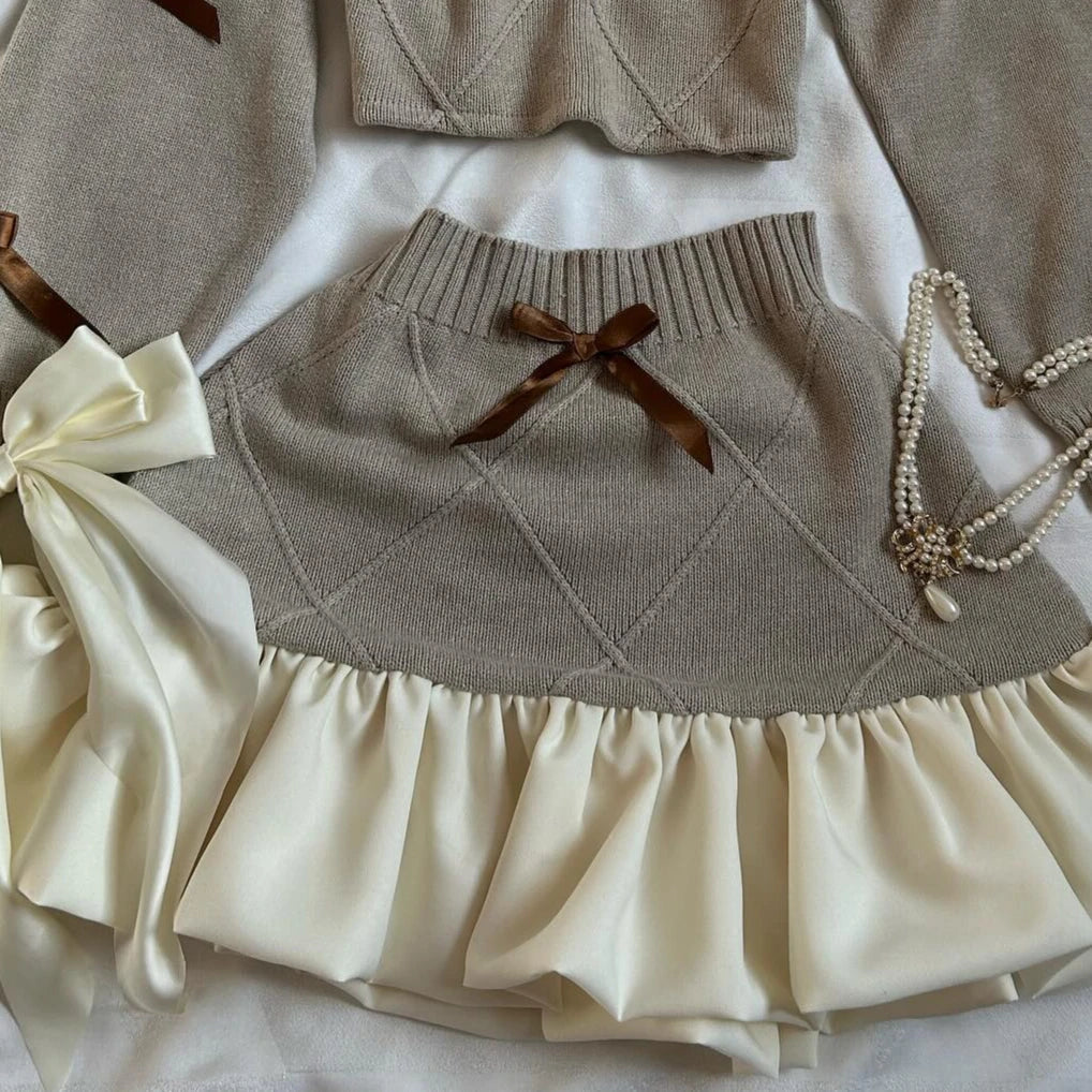 Aiertu  -  Y2K Knitted Splicing Two Piece Set for Women Harajuku Fashion Bow Long Sleeved Knitted Sweatshirt Mini Pleated Skirt Autumn Suit Aiertu