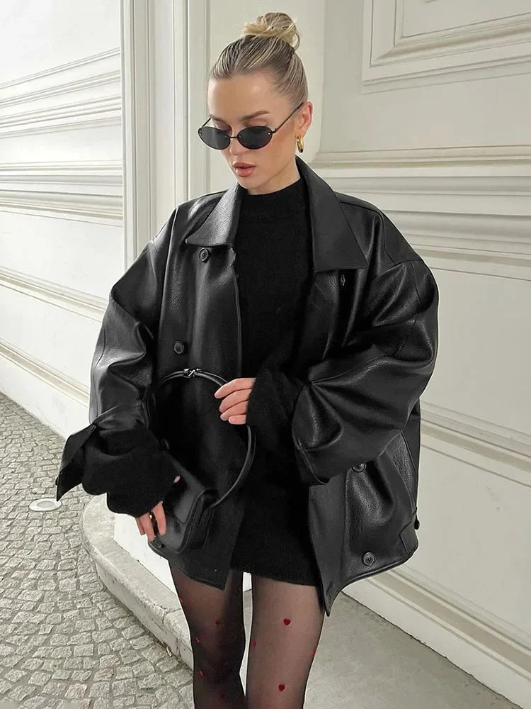 Aiertu  -  Retro Suit Collar Loose Leather Jackets Women's 2026 Autumn Winter Fashion Solid Double Breasted Female High Street Coat Aiertu