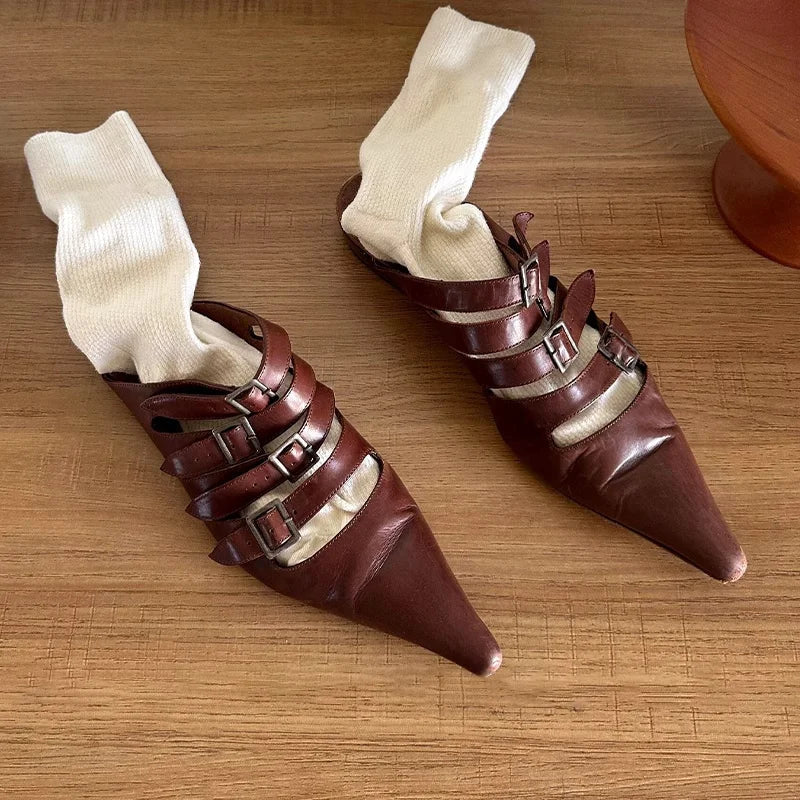 Aiertu    -  Summer New Women's Brown Wrap Toe Pointed Toe Flat Genuine Leather Belt Buckle Vintage Ladies Outdoor Office Daily Slippers Aiertu