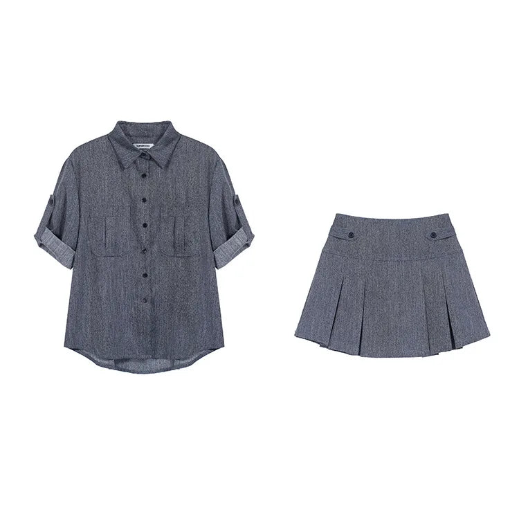 Aiertu  -  Fake Denim Fashion Spring Summer Outfits 2025 New Lapel Blouse Top And Short Skirt Two Piece Set Streetwear Shirts + Pleat Skirt Aiertu