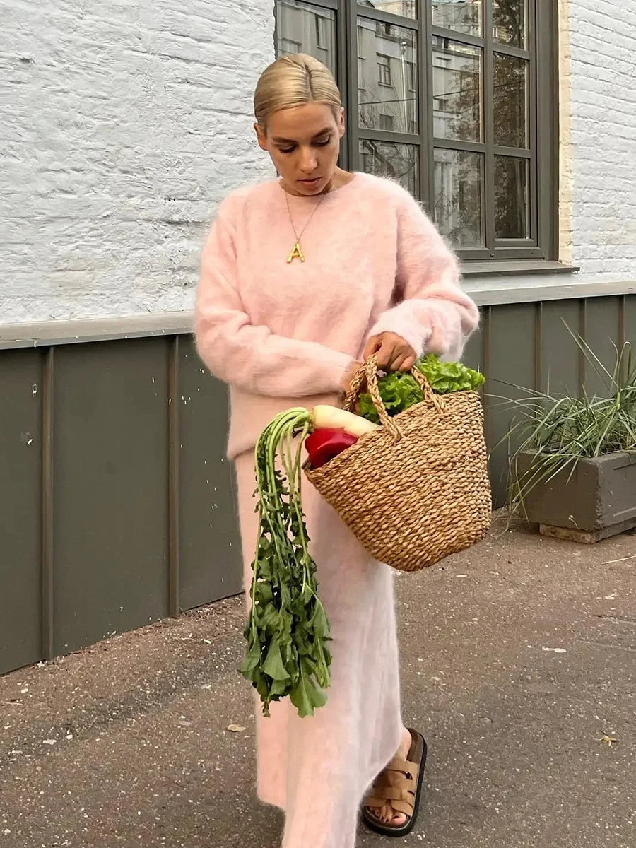 Aiertu  -   Autumn Winter Solid Knitted 2 Piece Set Women O Neck Long Sleeve Sweater+Long Skirts Sets Elegant Fashion Casual Suits 2026 New Aiertu