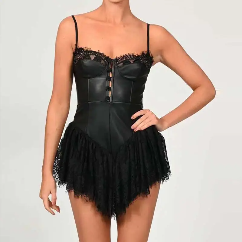 Aiertu - Sexy Solid White Stitching Lace Bra Corset style Spaghetti Strap Mini Dress Women Backless Party Skater Short Sling Robe Aiertu