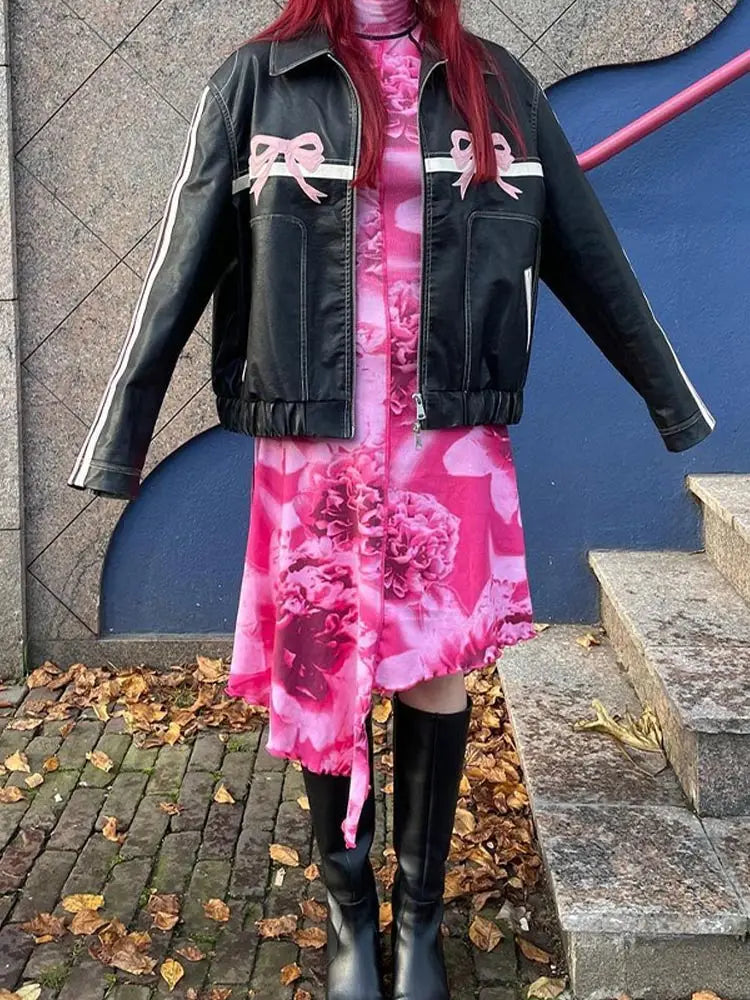 Aiertu  -  Chic Pink Bow Pu Leather Y2k Jacket Women Autumn Vintage Warm Long Sleeve Coat Zipper Coat Lady High Street Midnight Outerwear Aiertu