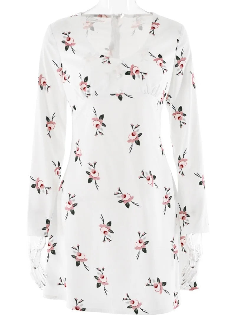 Aiertu  -  2026 Fall Vintage Floral Print Short Dress Streetwear Office Lady V-neck Long Sleeve Tunics A-line Satin White Holiday Dresses Aiertu