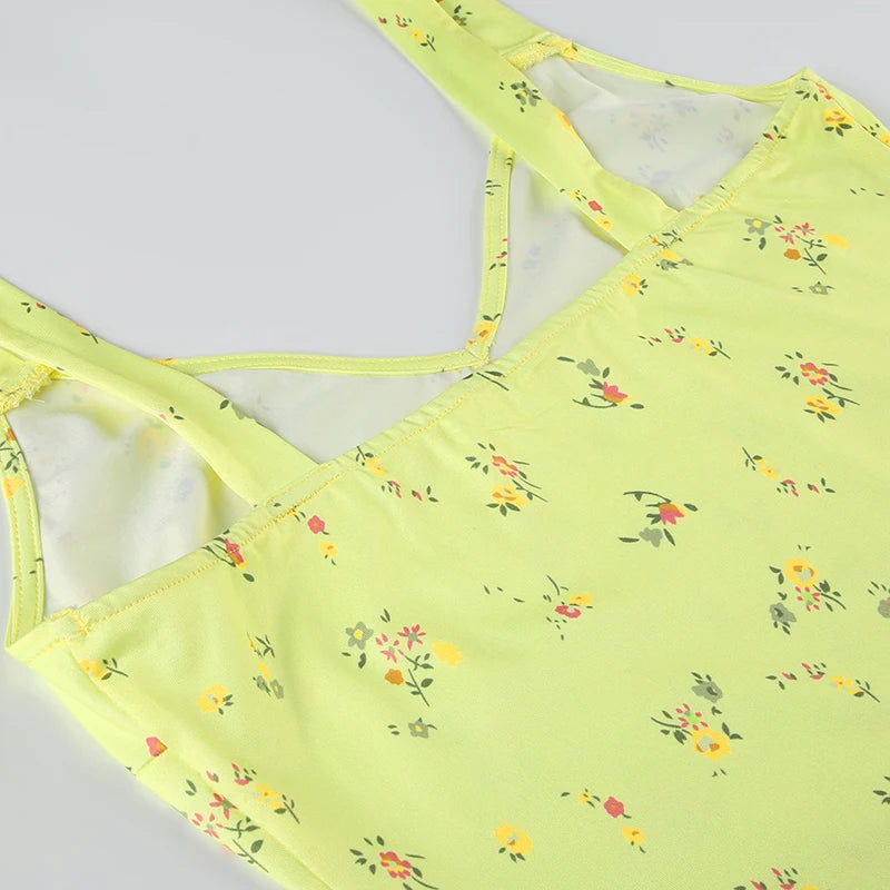 Aiertu  Yellow Floral Print Summer Vacation Beach Dresses For Women Sleeveless V Neck Elegant Sexy Boho Mermaid Dress Aiertu