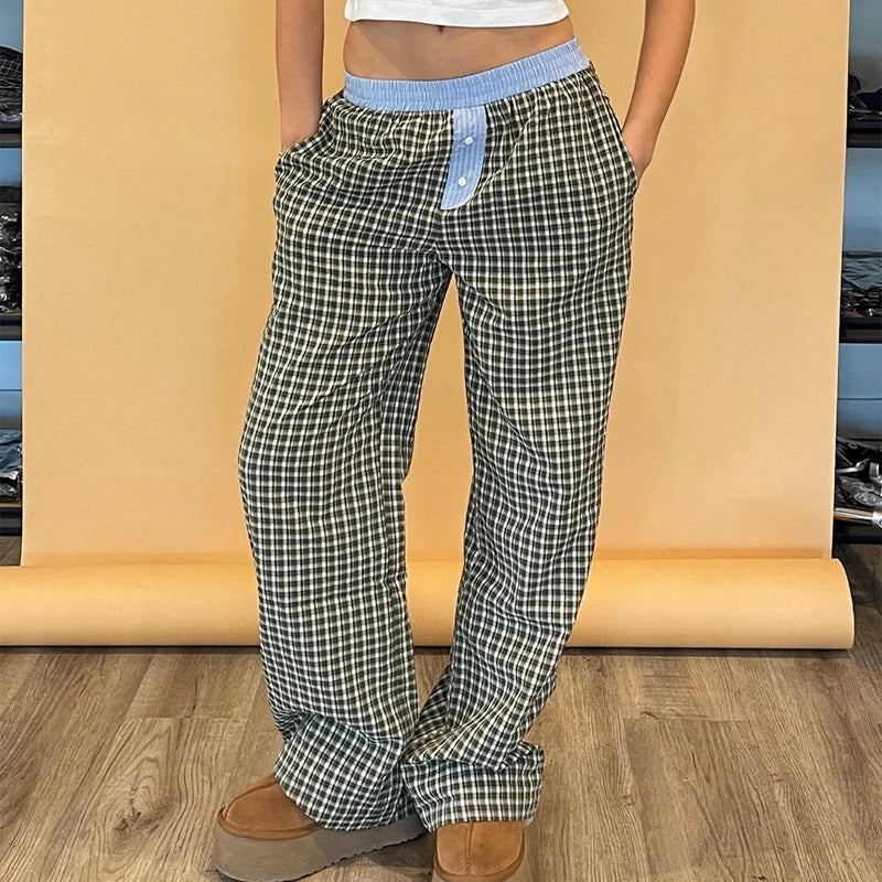 Aiertu  Casual Plaid Elastic Waistband Pants Women Loose Wide Leg Trousers 90s Vintage Cyber Grunge Sweatpants Teen Girl Streetwear Aiertu