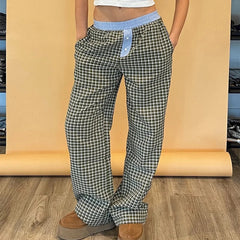 Aiertu  Casual Plaid Elastic Waistband Pants Women Loose Wide Leg Trousers 90s Vintage Cyber Grunge Sweatpants Teen Girl Streetwear Aiertu