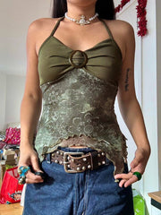 Aiertu - summer inspo Hot Retro Forest Green Vintage Print Boho Y2K Camisole Backless Halter Tie Asymmetrical Tops Women Summer Vacation Clothing Aiertu
