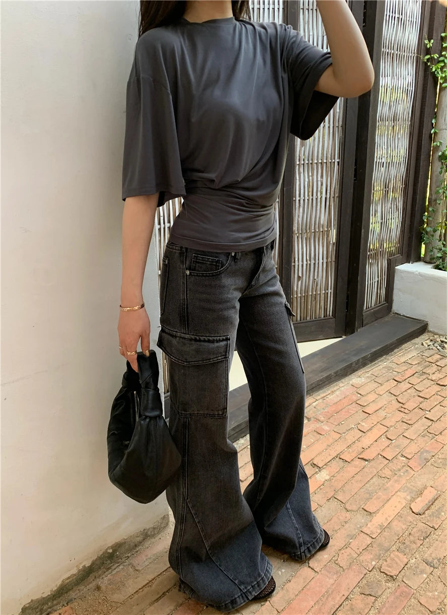 Aiertu  -  O-neck Pleated Asymmetric Casual Short-sleeved T-shirt Women 2026 Summer New High Street Fashion Solid Color All Match Tops Aiertu
