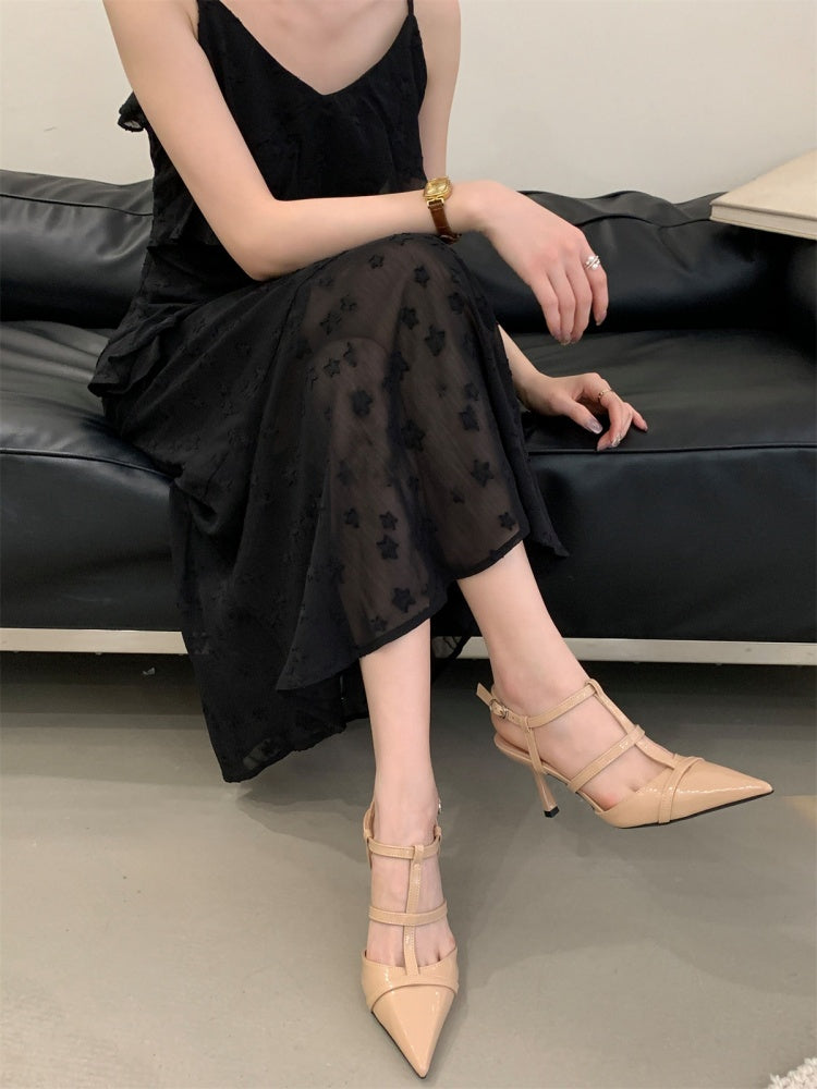 Aiertu  Retro Woman Shoes Closed Toe Sandals Summer Heels Buckle Original Stiletto Leather Girls Pointed Strap High Pumps Scandals Paten Aiertu