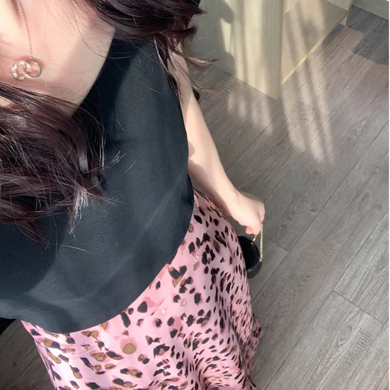 Aiertu  -  Pink Leopard Print Skirt Sweet Cool Cute Thin Mid-length A-line Skirt Spring/Summer Women Vintage Outerwear Clothing Aiertu