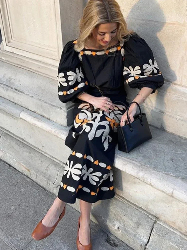 Aiertu  -  Women's Elegant Printed Long Dress Lantern Short Sleeve Loose Female Dresses Casual Square Collar Holiday Lady Robe Summer 2026 Aiertu