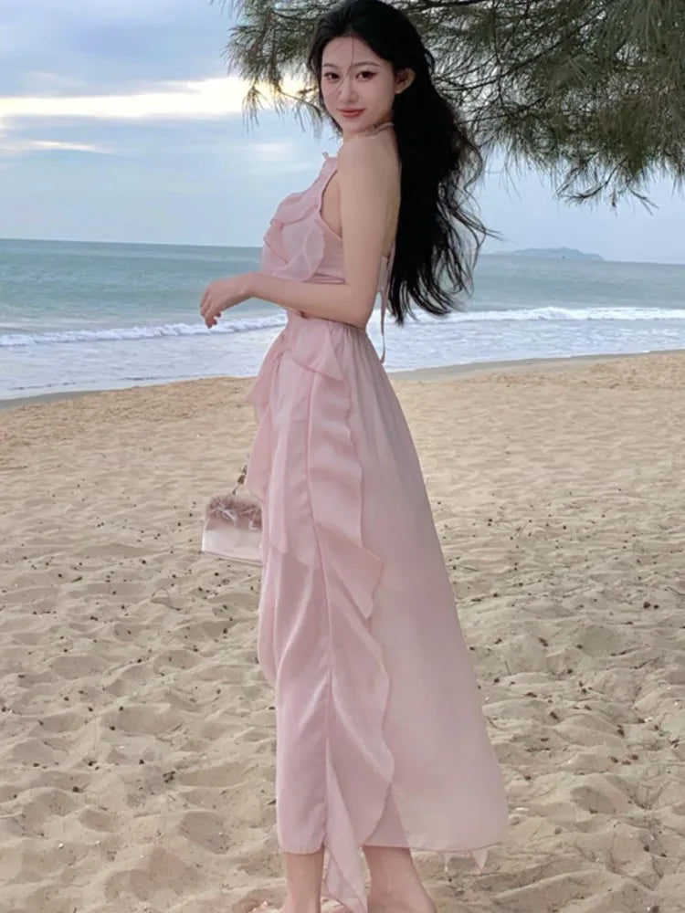 Aiertu  -  Sweet Pink Fairy Dress for Women Summer Halter Off Shoulder Sleeveless Ruffle Princess Birthday Party Dress Slim Casual Vestidos Aiertu