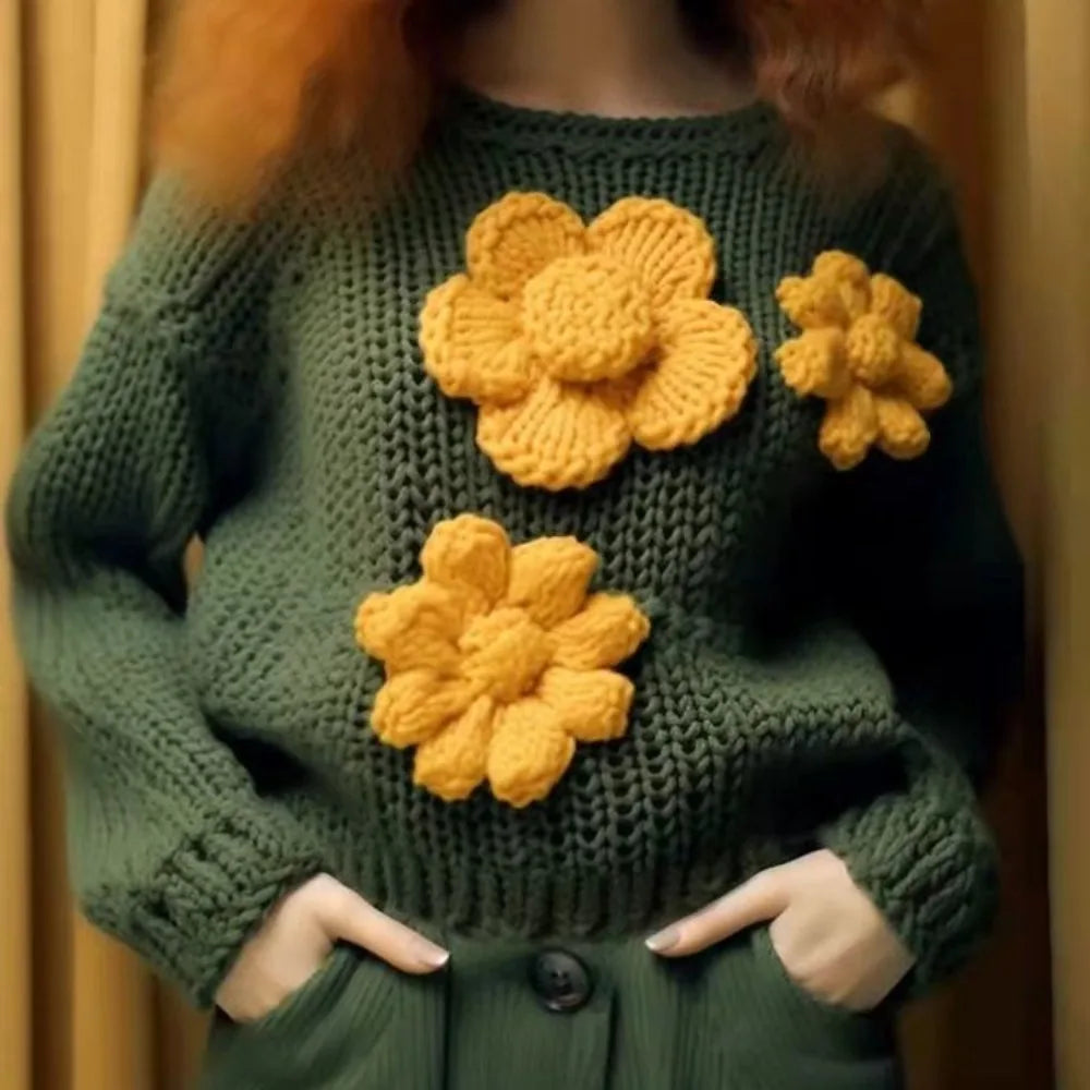 Aiertu  -  casual winter outfits Fashion Women Sweet Spice Chic Little Top Green Large Flower Round Neck Long Sleeve Knitted Sweater Loose Style Aiertu