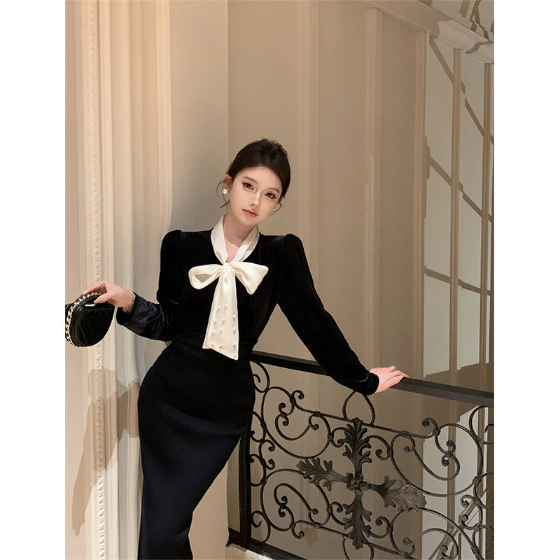 Aiertu Vintage Bow Shirts Women Elegant Black Velvet Blouses Office Lady Korean Party Long Sleeve Chic Basic All Match Tops New Aiertu