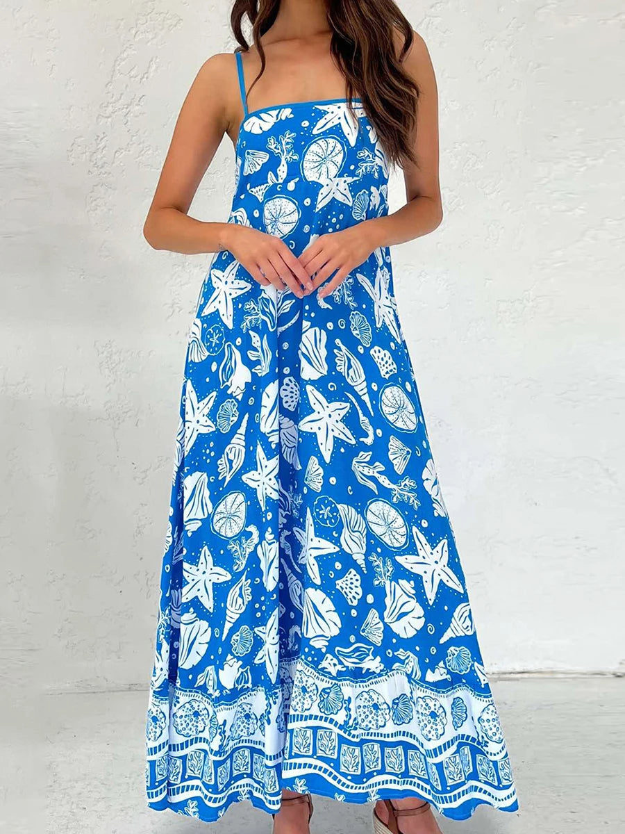 Aiertu  -   Women s Elegant Floral Print Sleeveless Maxi Dress with Adjustable Spaghetti Straps and A-Line Silhouette for Summer Beach Aiertu
