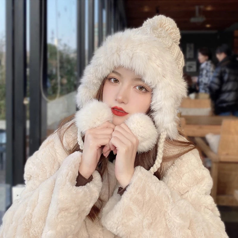 Aiertu  -  Winter Furry Knitted Hat for Women Girls Rabbit Fur Pompom Woolen Beanies Plush Thick Ear Protection Cap Windproof Skiing Bonnet Aiertu
