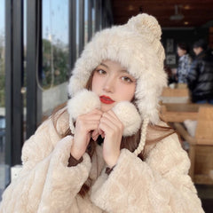 Aiertu  -  Winter Furry Knitted Hat for Women Girls Rabbit Fur Pompom Woolen Beanies Plush Thick Ear Protection Cap Windproof Skiing Bonnet Aiertu