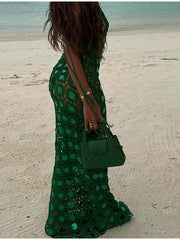 Aiertu  -  Chic Sequin Hollow Out Knitted Maxi Dress Sexy Backless Sleeveless Halter Robes 2025 New Lady Summer Party Vacation Dresses Y2k Aiertu