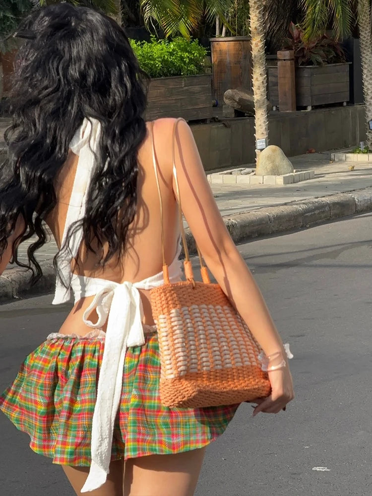 Aiertu  -   Classic Street 2-Piece Set Women Backless Halter Lace-Up Sleeveless Tops+Colorful Patchwork Lace Skirts Matching Suits Aiertu