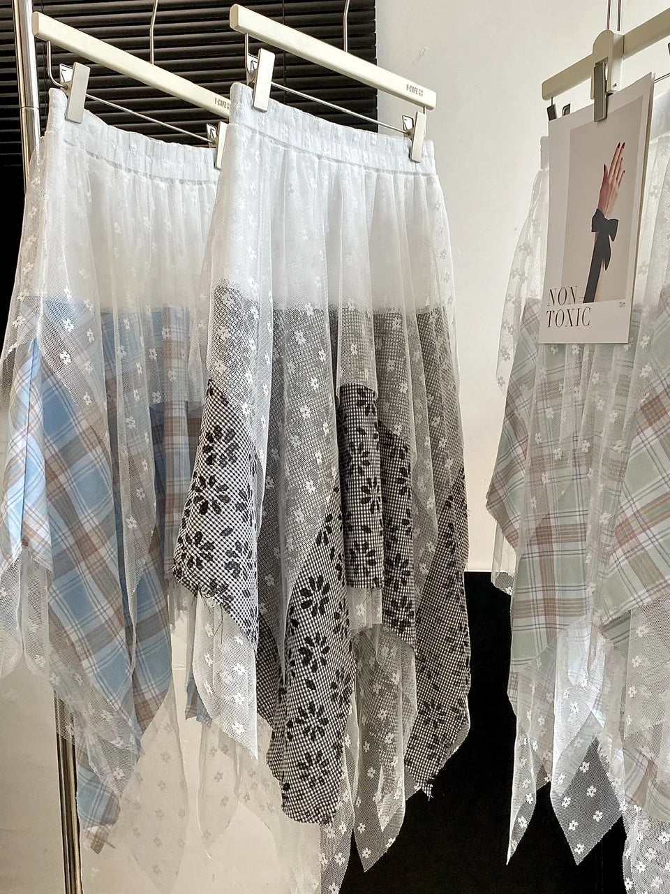 Aiertu  -  Sweet Girl Lace Mesh Skirt Women's Spring Elastic Waist Irregular Plaid A-line Long Skirt Fashion Female Clothes Aiertu