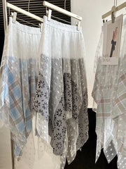 Aiertu  -  Sweet Girl Lace Mesh Skirt Women's Spring Elastic Waist Irregular Plaid A-line Long Skirt Fashion Female Clothes Aiertu