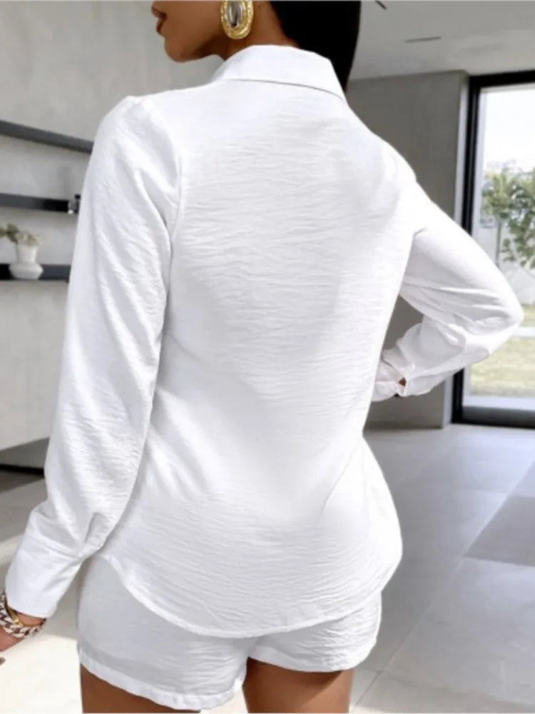Aiertu Fashion Two Piece Outfits Women's Turn-down Collar Pocket Design Button Shirt Top & Shorts Set New Summer Women Solid 2pcs Sets Aiertu