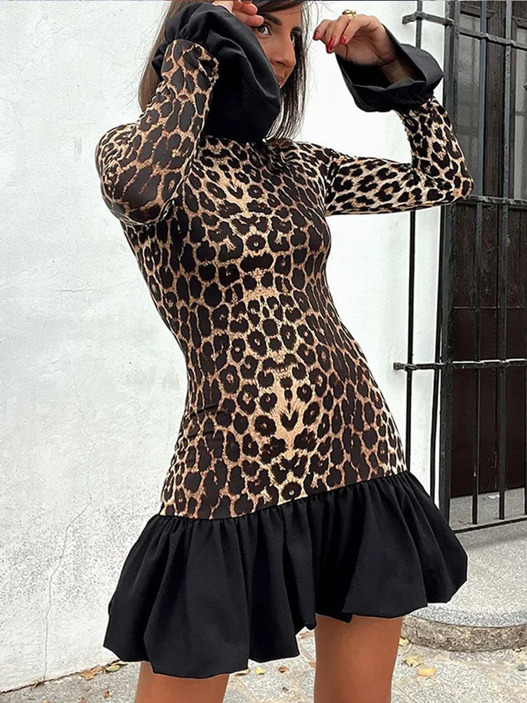 Aiertu  -  Leopard Print Patchwork Trumpet Sleeve Dress Women Sexy Slim Pleated Hem Dresses 2026 New Autumn Female New Party Highstreet Aiertu