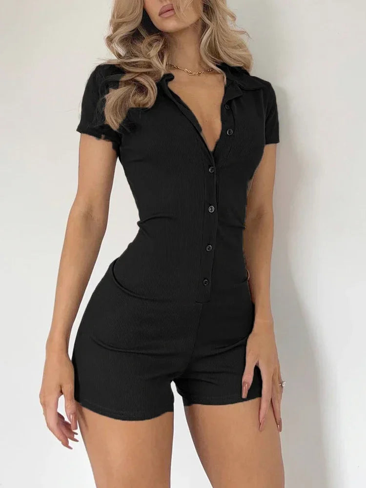 Aiertu  -  Solid Button Up Turn Down Collar Short Sleeve Slim Ribbed Rompers Womens Playsuit Basic Vintage Casual Summer Shirts Aiertu