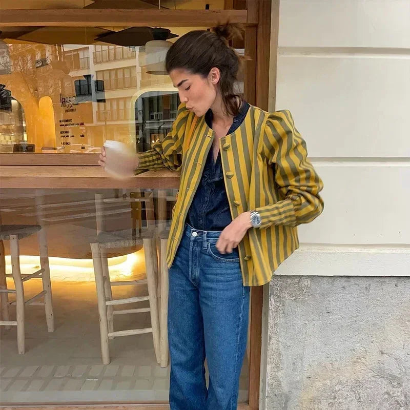 Aiertu  -  Elegant Striped Puff Sleeve Coat For Women Single Breasted O-neck Female Shirt Jacket 2026 Spring Fashion Office Lady Streetwear Aiertu