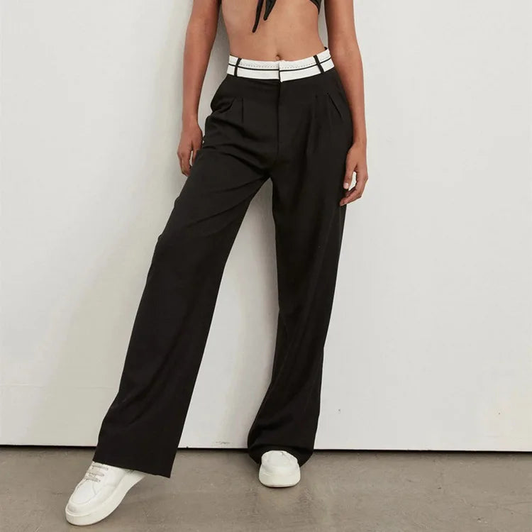 Aiertu  -  Elegant Loose Gray Office Ladies Pants Fashion High Waist Straight OL Trousers Chic Spliced Full Length Women Pants Aiertu