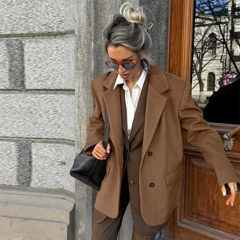 Aiertu  -  Vintage Woolen Lapel Blazer Coats Women Loose Single Breasted Fake Pockets Jacket 2026 Autumn New Female Commute Tops Streetwear Aiertu
