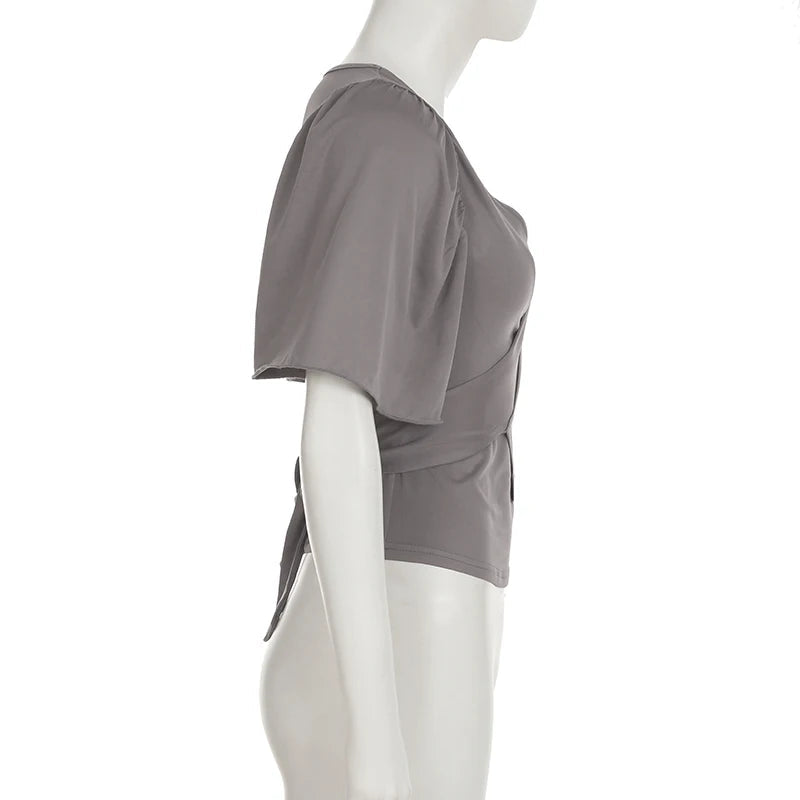 Aiertu  -  Elegant Solid Crop Top Sexy Cross Deep V-neck Half-sleeve T-shirt Slim-fitting Bandage Bow T-shirt Women Vintage y2k Tee Aiertu