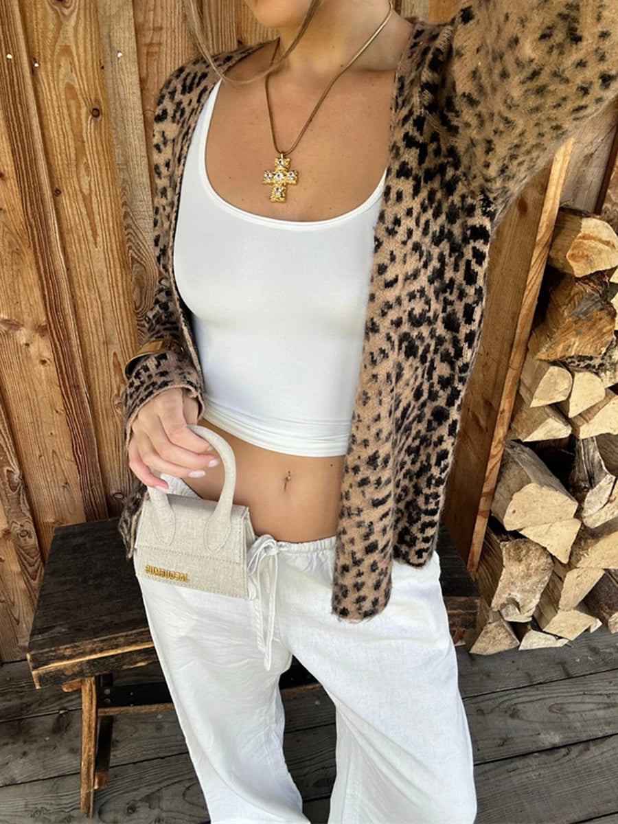 Aiertu  -   Leopard Soft Sweater Cardigan Women V Neck Single Breasted Knitted Outerwear Autumn New Streetwear Vintage Long Sleeve Jumper Aiertu