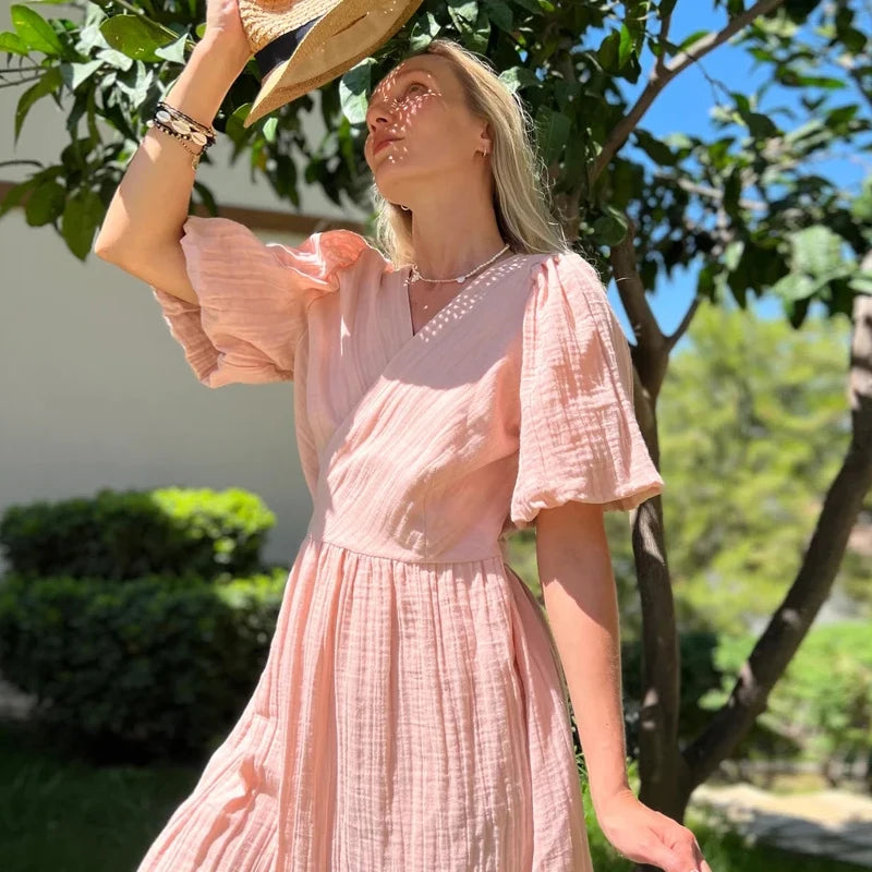 Aiertu  -   Gauze Long Dress For Women Sexy V-Neck Sweet Puff Sleeve Bandage Chic Elegant Party Beach Sundress Aiertu