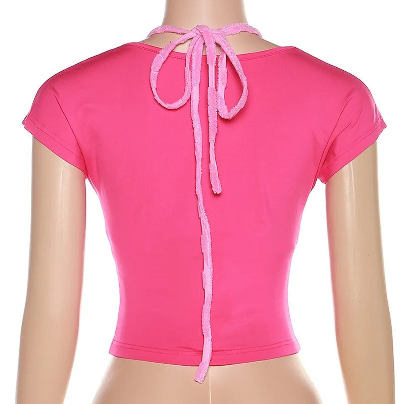 Aiertu  -  O Neck Halter Hollow Out Short Sleeves Bandage Lace Up T-Shirt, Crop Top, Urban Leisure Chic Streetwear, Rose Red Aiertu