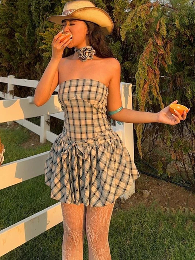 Aiertu  -  Fashion Retro Tube Top Floral Plaid Print Strap Bud Dress For Women Folds Hem Splice Mini Dress Sweet Party Dress Female Aiertu