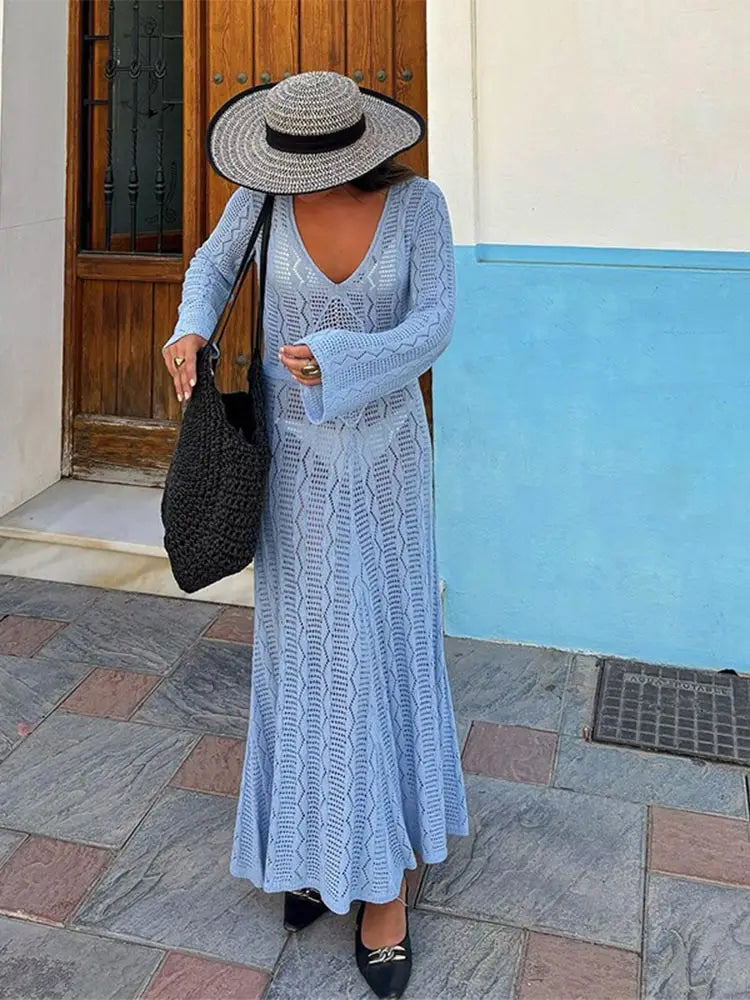 Aiertu  -  Elegant Blue 3d Flower Hollow Out Knitted Long Dress Women V Neck Flare Sleeves Slim Maxi Dresses 2026 Lady High Street Vestidos Aiertu