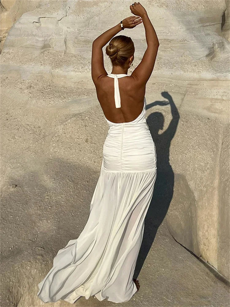 Aiertu  -  V-Neck Backless Lace-Up Long Dress Women's Ruffled Patchwork Sexy Bandage High Waist Solid Dress Ladies Autumn Maxi Dress Aiertu