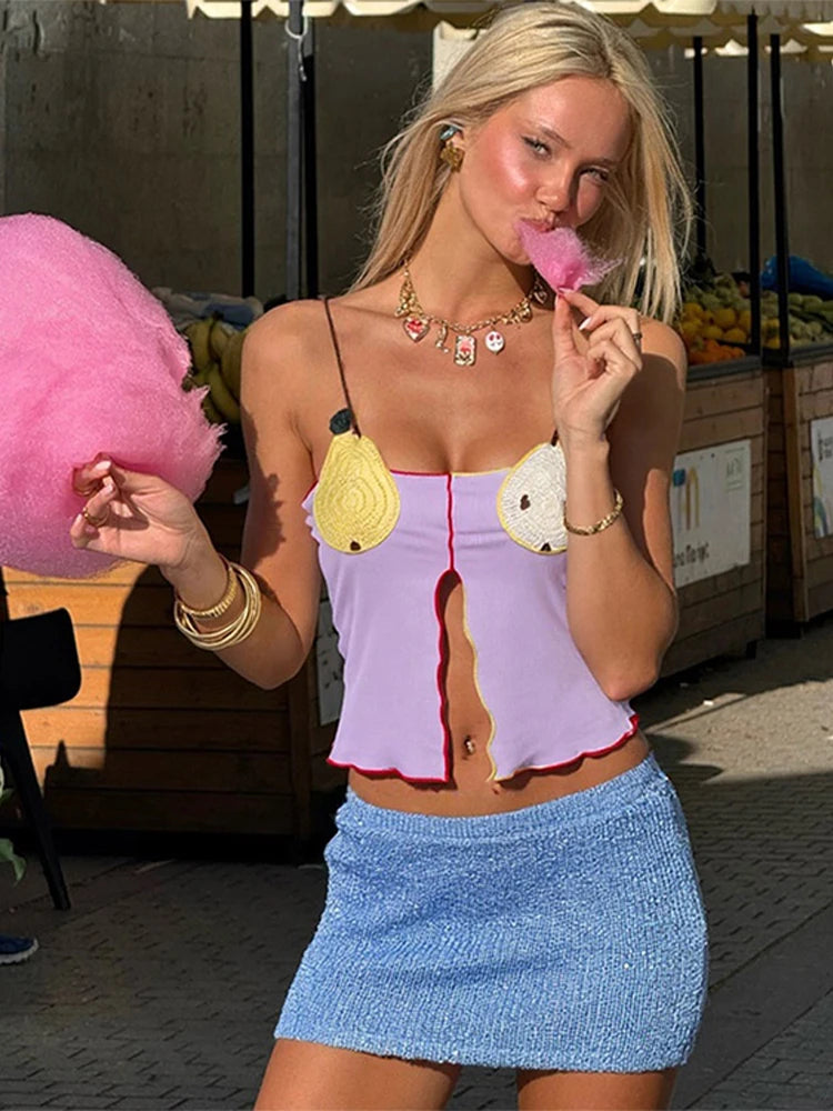 Aiertu  -  Fruit Crochet Knitted Crop Slip Top Vest Fashion Slim Fit Elastic Contrasting Color Sexy Split Women Halter Short Blouse Tank Aiertu
