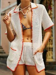 Aiertu  -  Knitted Hollow Out Crochet 2 Piece Set Women V Neck Short Sleeve Pocket Blouse+Shorts Summer Casual Fashion Vacation Shorts Sets Aiertu