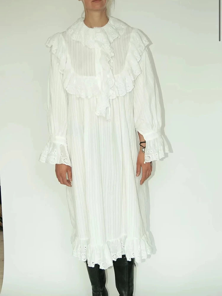 Aiertu  -  Elegant Chic Lace Maxi Dress White Cotton Autumn Spring Long Sleeve Women Dresses Loose Hollow Out Holiday Vestidos Aiertu