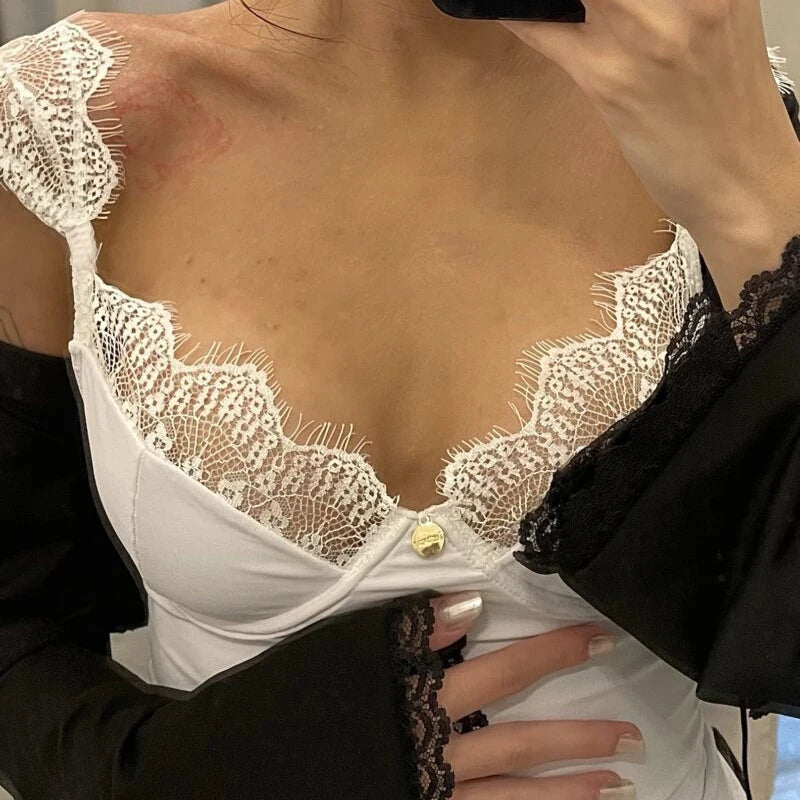 Aiertu  -  Sexy Elegant Camis Vest Stylish 2024 Eyelash Lace Trim Straps V Neck Sleeveless Open Back Slim Camisoles Daily Party Summer Aiertu